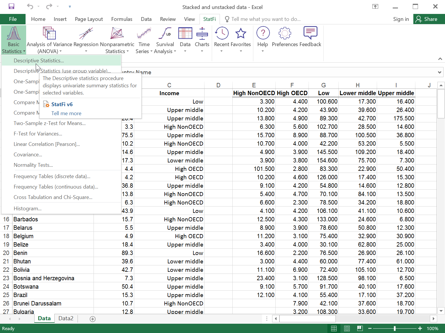 Excel window with StatFi ribbon