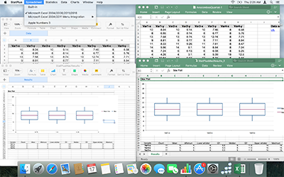 Результат команды Ящик с усами (диаграмма размаха) во встроенной электронной таблице, Excel 2016 и Apple Numbers (режим надстройки).