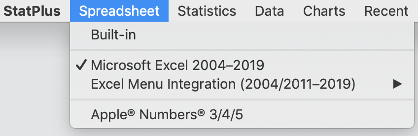 StatPlus spreadsheet menu with three options: Microsoft Excel add-in, Apple Numbers add-in, built-in spreadsheet.